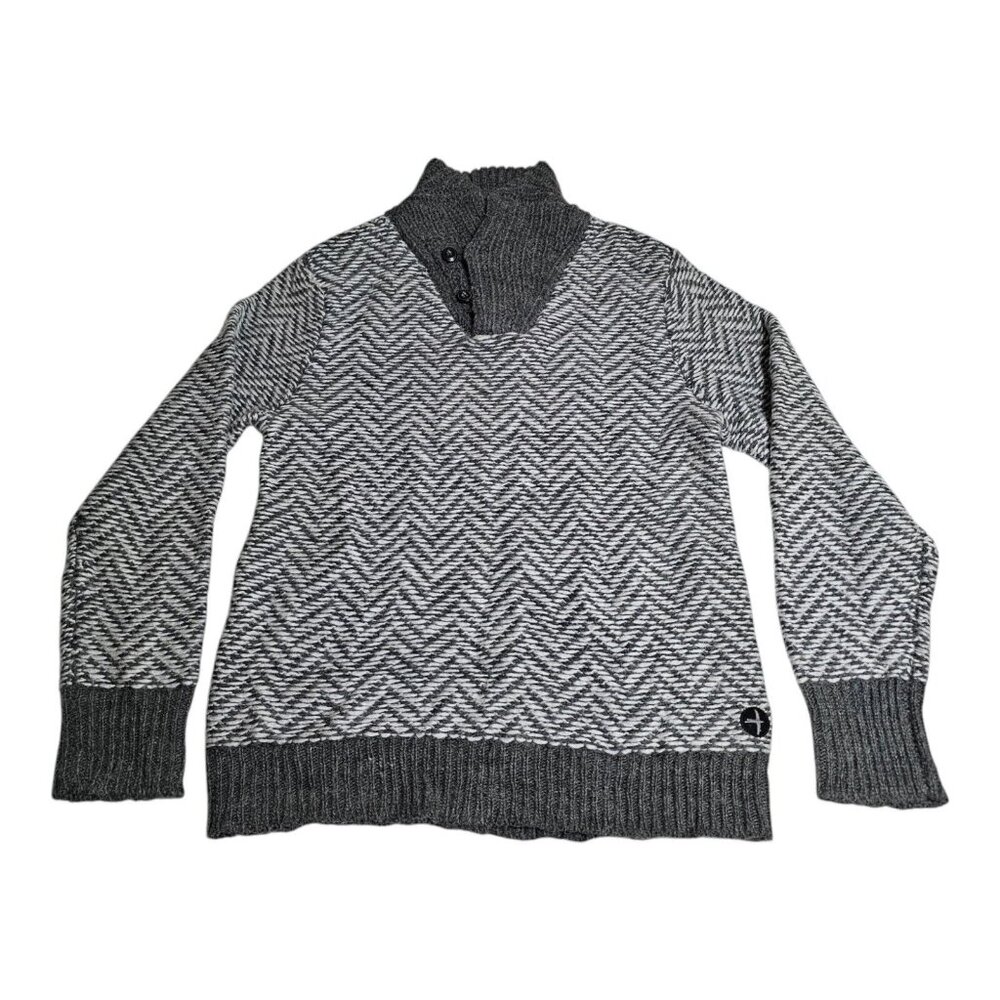 Relwen Sweater Mens Medium Shawl Neck Herringbone Gray White Wool Knit
